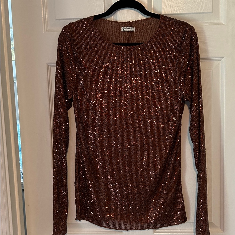 Anthropologie Brown Sequin Long Sleeve Top